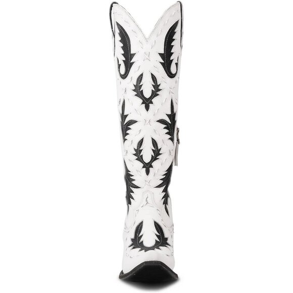 Women's Back Lace Chunky Heel Western Side Zipper Embroidered Black White Boots - Picture 6 of 7